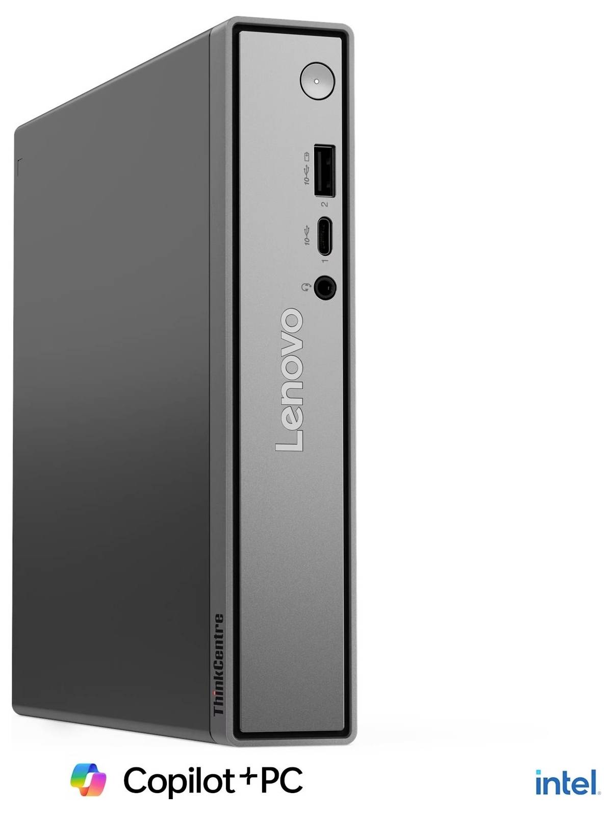 Lenovo ThinkCentre Mini-Desktop-Tower mit vorderen USB- und Audioanschlüssen, dargestellt mit Copilot+ PC und Intel-Logos.