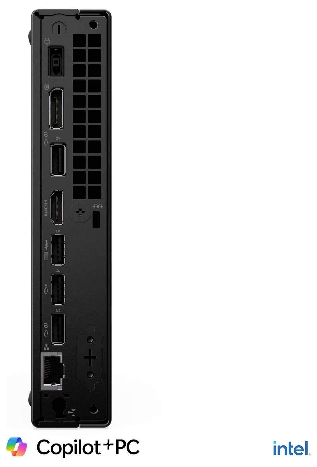 Vorderansicht eines schwarzen Copilot+ PC Mini-Desktops mit gestapelten Anschlüssen, einschließlich HDMI, USB-C, USB-A und Ethernet, mit Copilot+ PC- und Intel-Logos darunter.