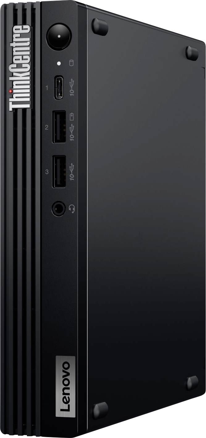 Schwarzer Lenovo ThinkCentre Desktop-Computer, Ansicht von vorne links, mit vertikalem ThinkCentre-Branding und vorderen USB- und Audioanschlüssen.