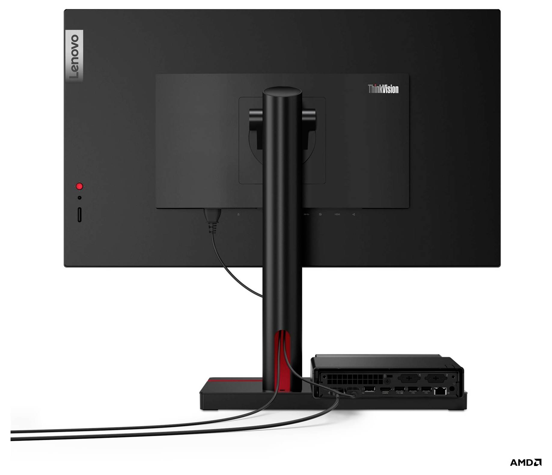 Rückansicht eines Lenovo ThinkVision-Monitors auf einem Ständer mit verbundenen Kabeln und einem angedockten Mini-PC an der Basis.