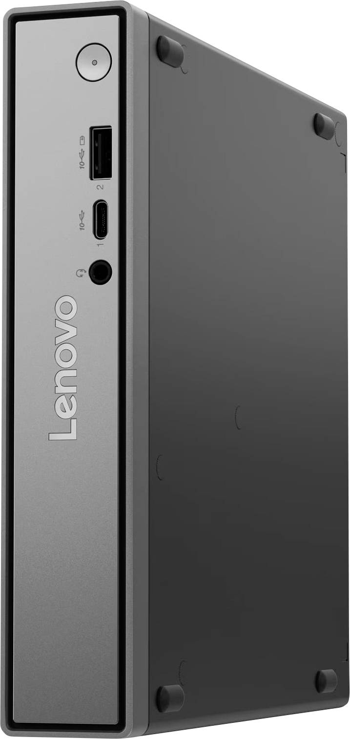 Seitenansicht eines Lenovo Mini-Desktop-PCs mit der Frontblende mit Ein-/Aus-Schalter, USB-A-, USB-C- und Audiobuchsen-Anschlüssen.