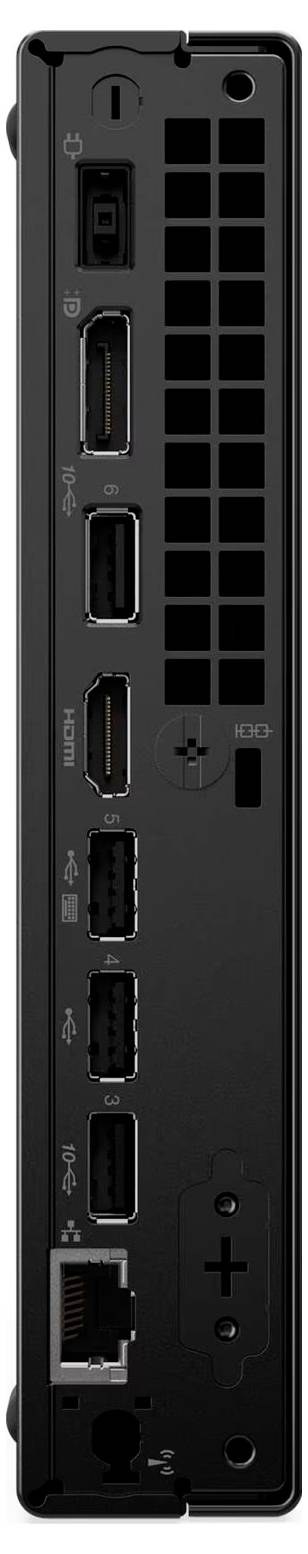 Rückseite eines schwarzen elektronischen Geräts mit Anschlüssen und Belüftung: Stromeingang, HDMI, mehrere USB-Anschlüsse und eine Ethernet-Buchse.