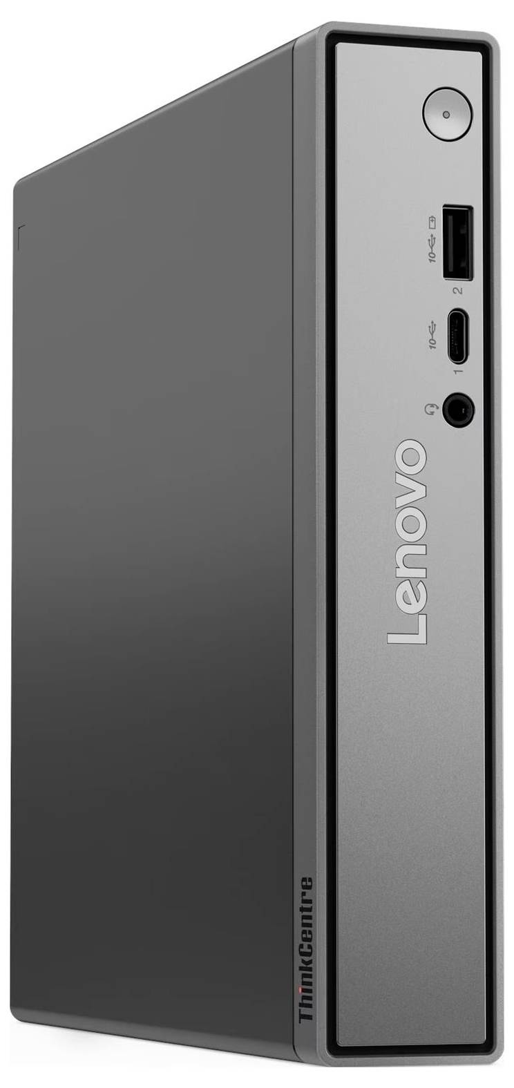 Lenovo ThinkCentre Desktop-Tower, Vorderansicht, zeigt Netzschalter, USB-Anschluss und Audio-Buchse auf der Frontplatte.