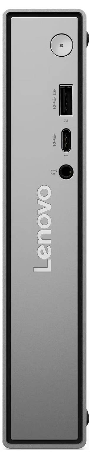 Vertales Lenovo-Gerät mit Vorderseite mit sichtbarem Netzschalter, USB-C-Anschluss und Audiobuchse.