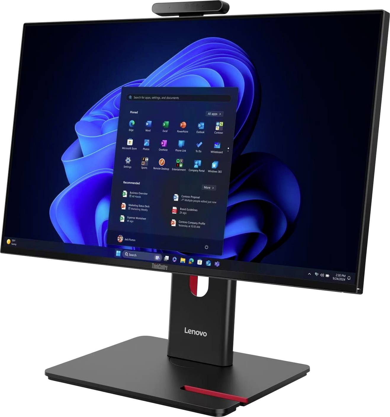 Lenovo-Desktopmonitor mit Webcam, auf dem ein Windows-11-Startmenü auf einer blauen abstrakten Tapete angezeigt wird, auf einem schwarzen Ständer mit rotem Akzent.