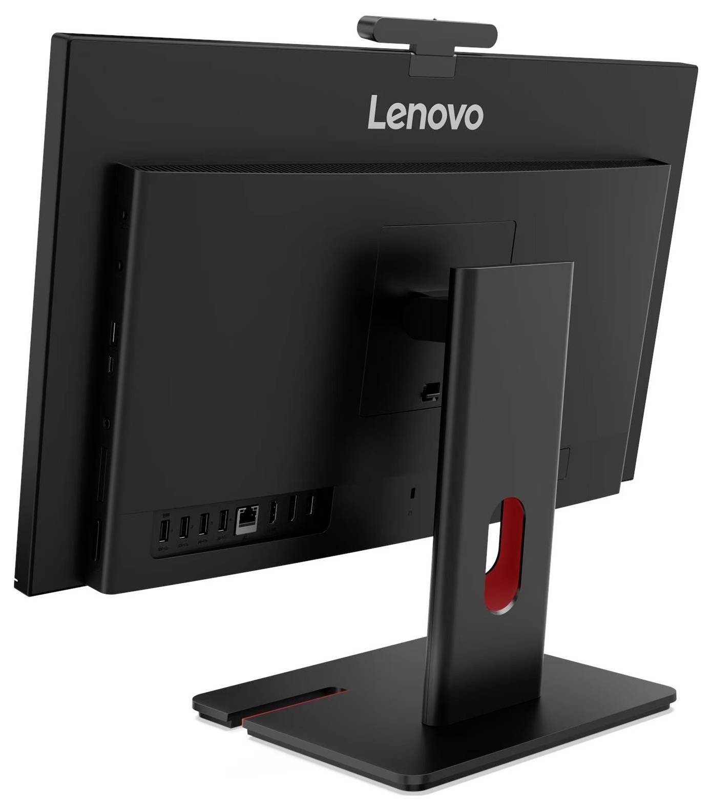 Rückansicht eines Lenovo All-in-One-Desktopcomputers auf einem Ständer, die die hinteren Anschlüsse und die angebrachte Webcam zeigt.