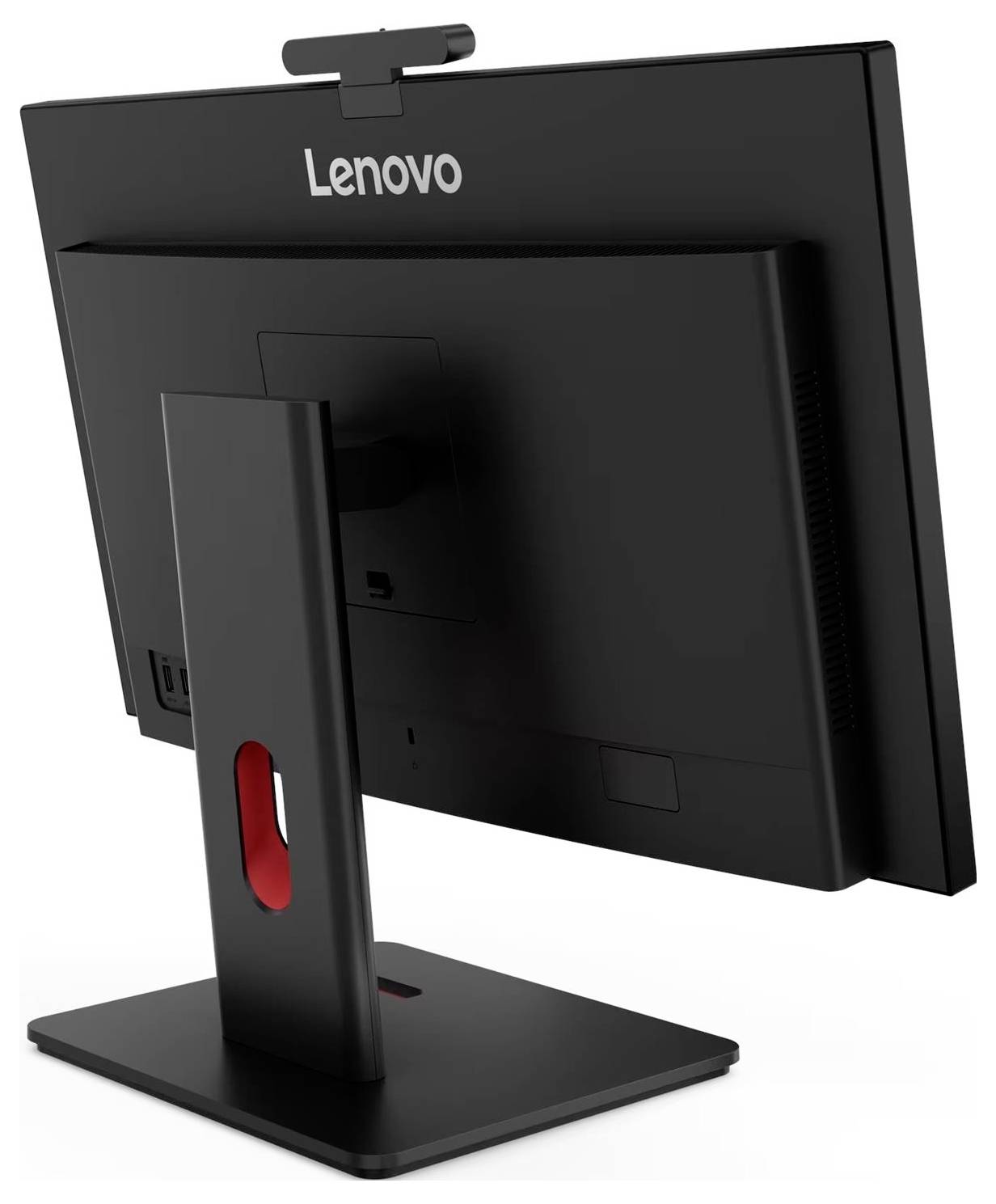 Lenovo-Desktopmonitor, von hinten auf einem schwarzen Ständer gezeigt, mit einer integrierten Webcam auf der Oberseite montiert.
