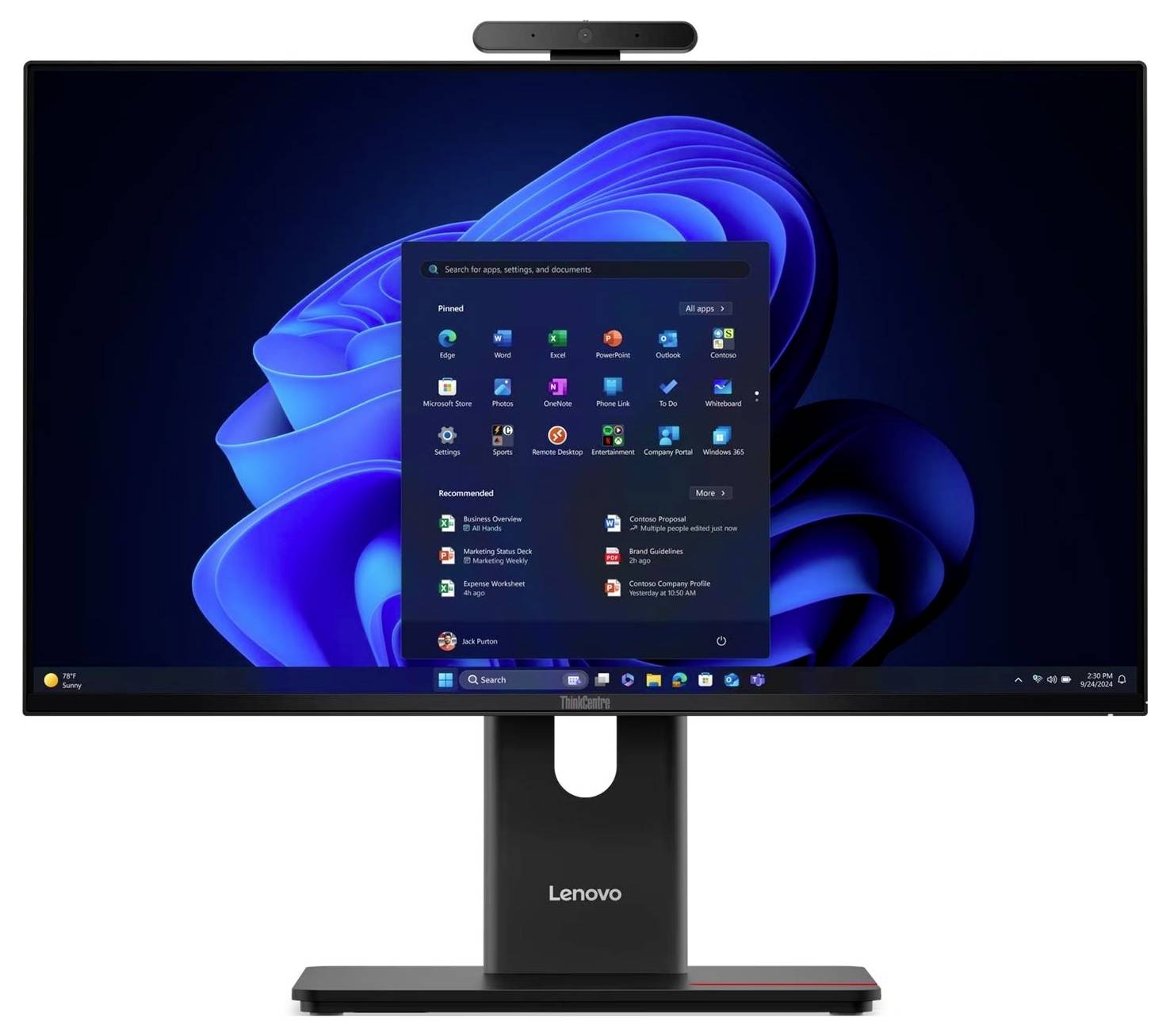 Lenovo-Desktopmonitor, der den Windows-11-Desktop und das zentrierte Startmenü auf blauem abstraktem Hintergrund zeigt, mit Webcam oben und Ständer unten.