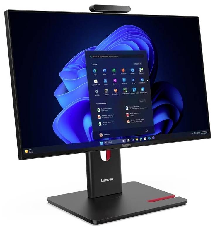 Lenovo All-in-One-Desktop-Monitor mit dem Windows 11-Startmenü auf einem blauen abstrakten Hintergrund, mit einer integrierten Webcam oben.