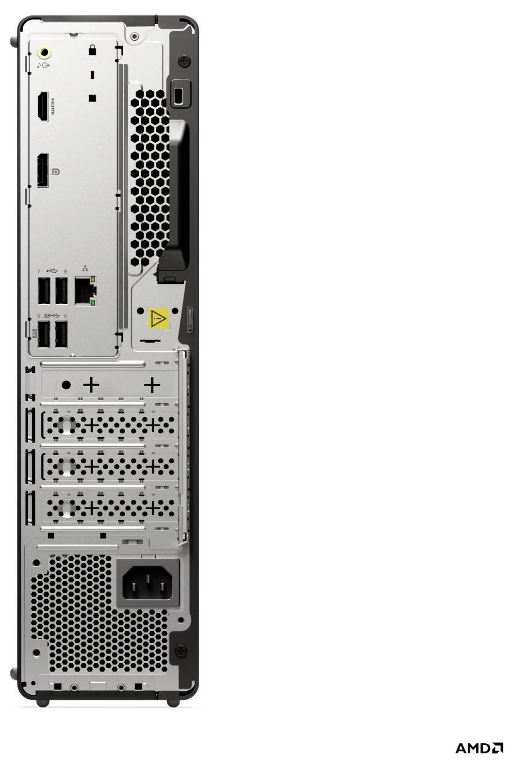 Rückansicht eines Desktop-Towers mit zeigen der rückwärtigen I/O-Anschlussleiste, Lüftungsgittern, Erweiterungssteckplätzen und Stromstecker.