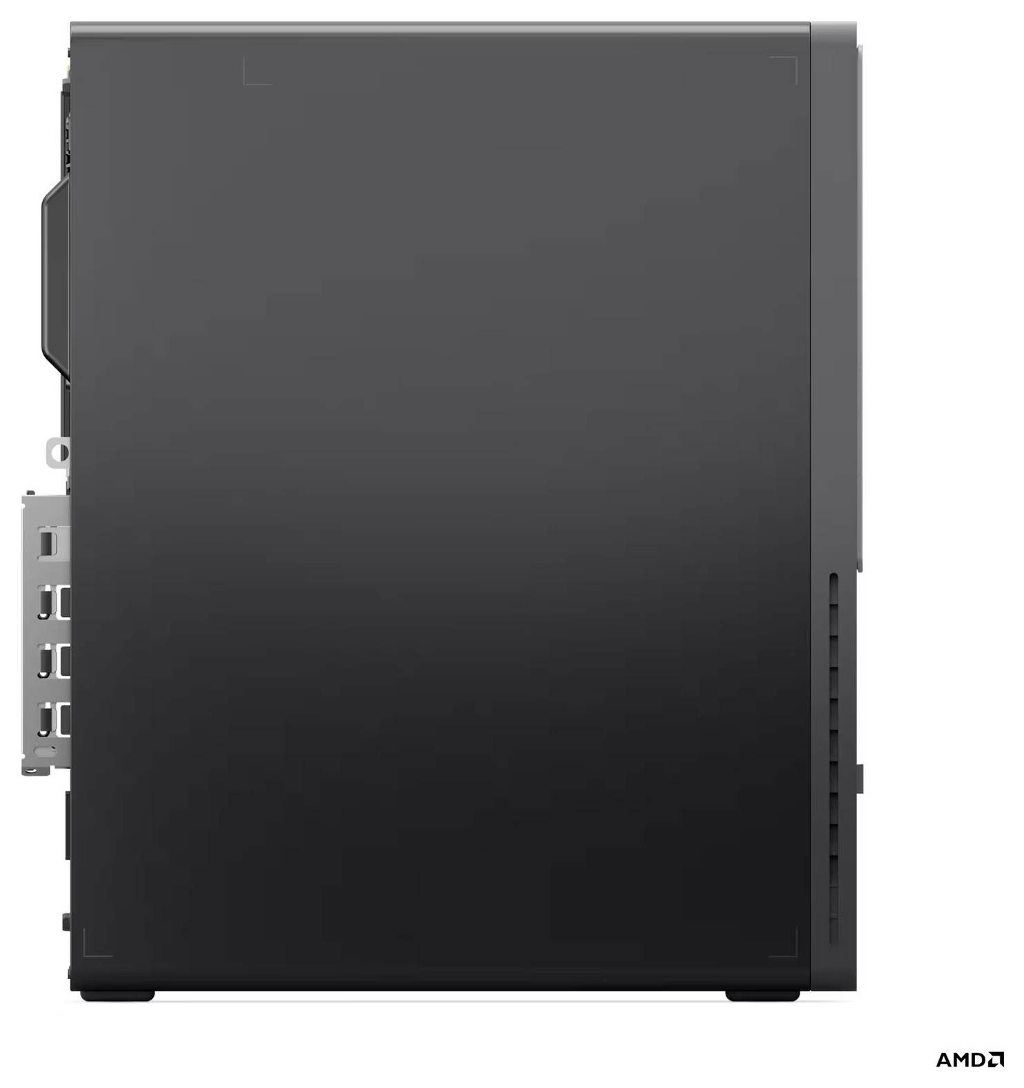 AMD-Grafikkarte in Vorderansicht auf weißem Hintergrund dargestellt, mit sichtbaren Seitenports und Logo.