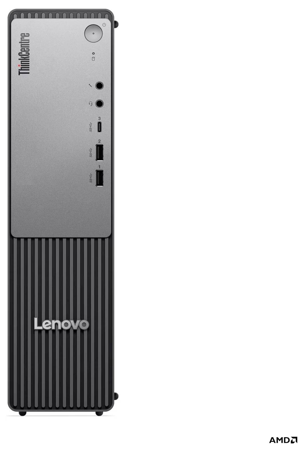 Vorderansicht eines Lenovo ThinkCentre Desktop-Towers mit vorderen USB-Anschlüssen, Audio-Buchsen und Einschaltknopf; AMD-Logo in der Ecke dargestellt.