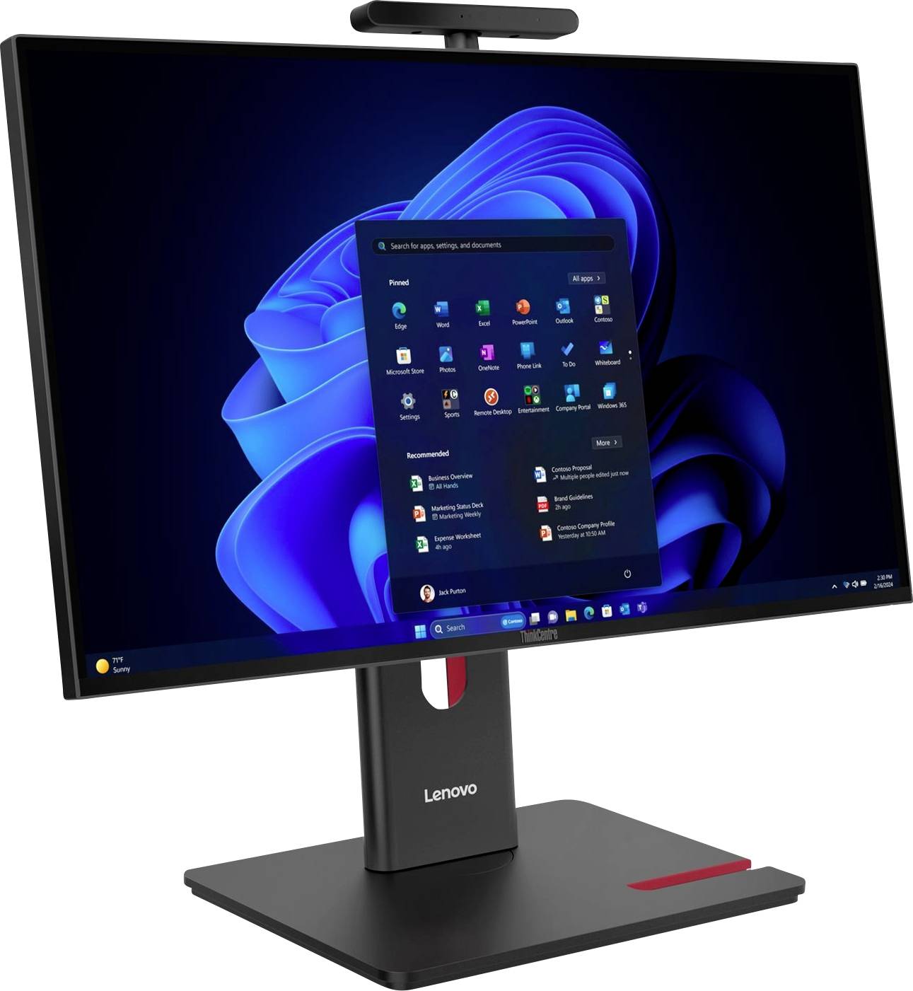 Lenovo All-in-One-Desktop-Monitor, der das Windows 11-Startmenü auf einem blauen abstrakten Hintergrund anzeigt, mit integrierter Webcam oben.