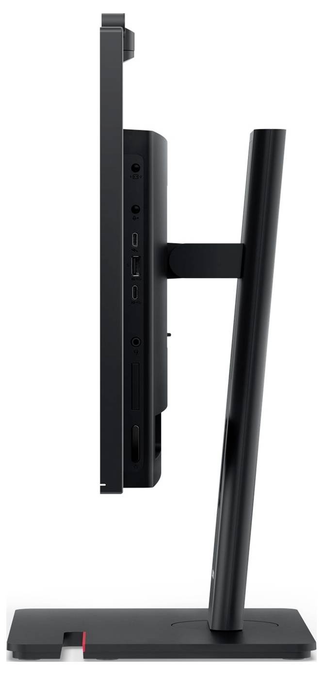 Seitenansicht eines schwarzen All-in-One-Desktop-Computers auf einem Ständer, der den schlanken Monitor, die hinteren Anschlüsse und die abgewinkelte Stützbasis zeigt.