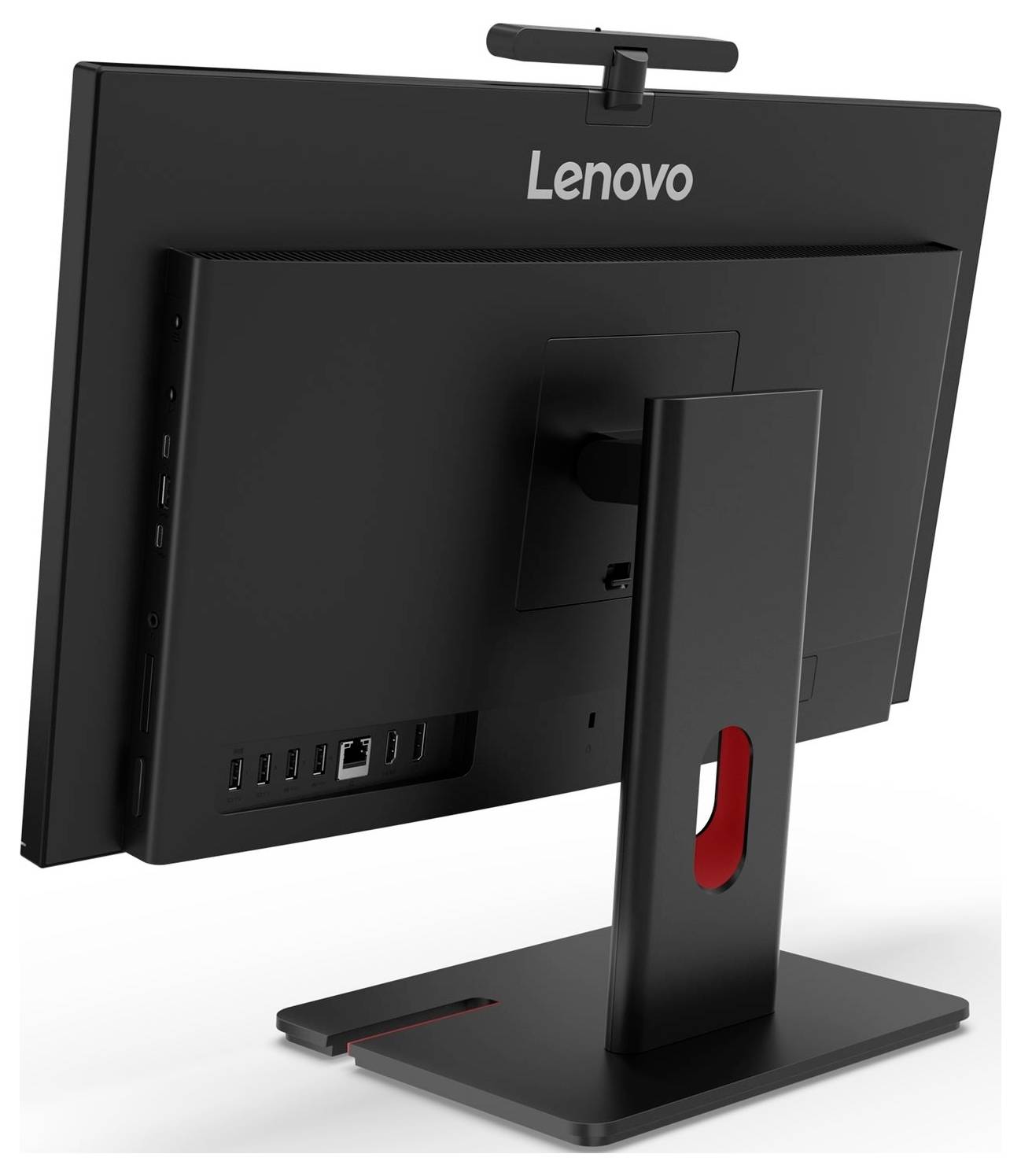 Rückansicht eines Lenovo All-in-One-Desktop-Computers auf einem Ständer, der den Monitor, die Webcam und die hinteren Anschlüsse zeigt.