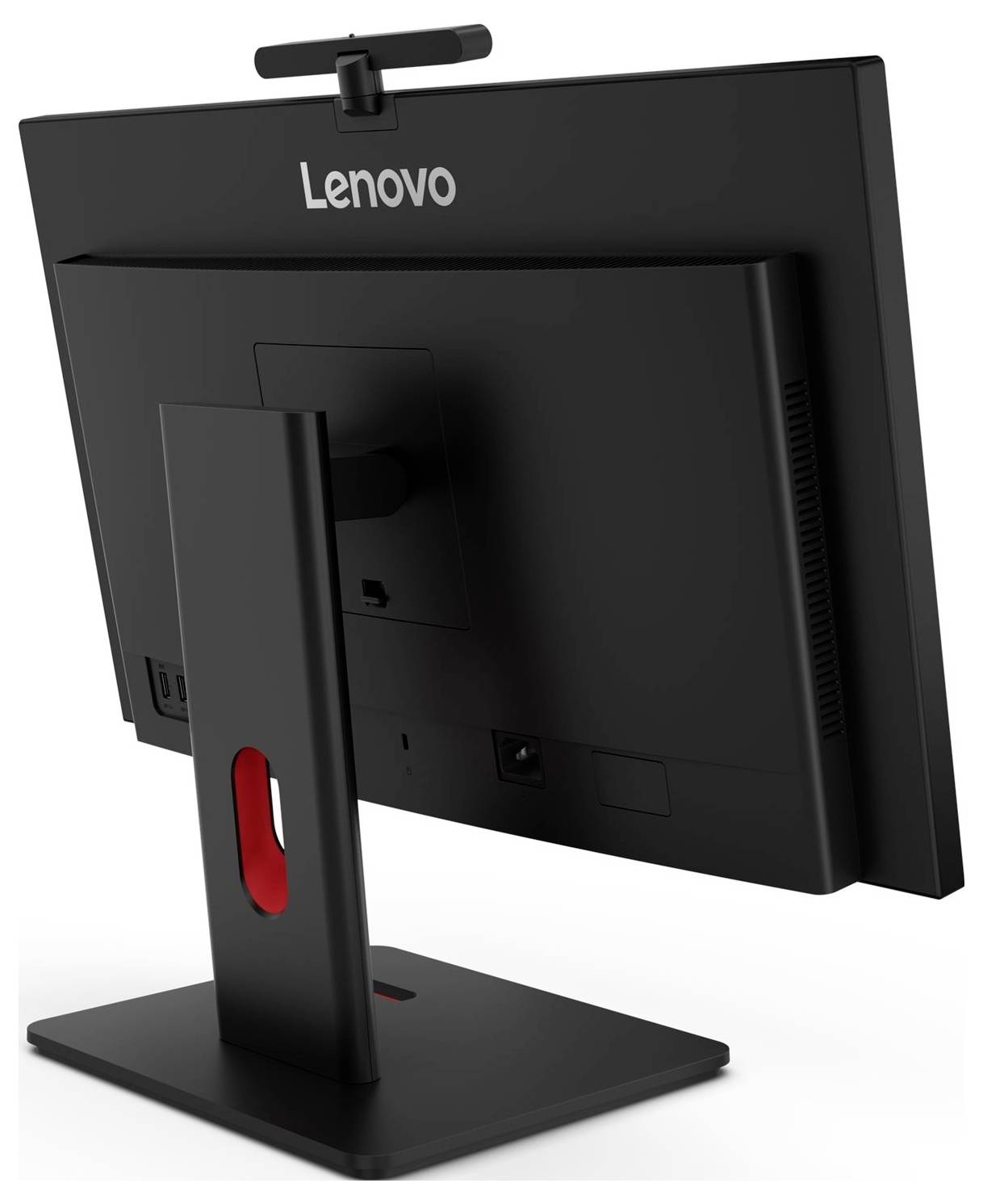 Rückansicht eines schwarzen Lenovo-Monitors auf einem Ständer mit verstellbarem Rückpanel und einer roten Akzentfarbe auf der Stützvorrichtung.
