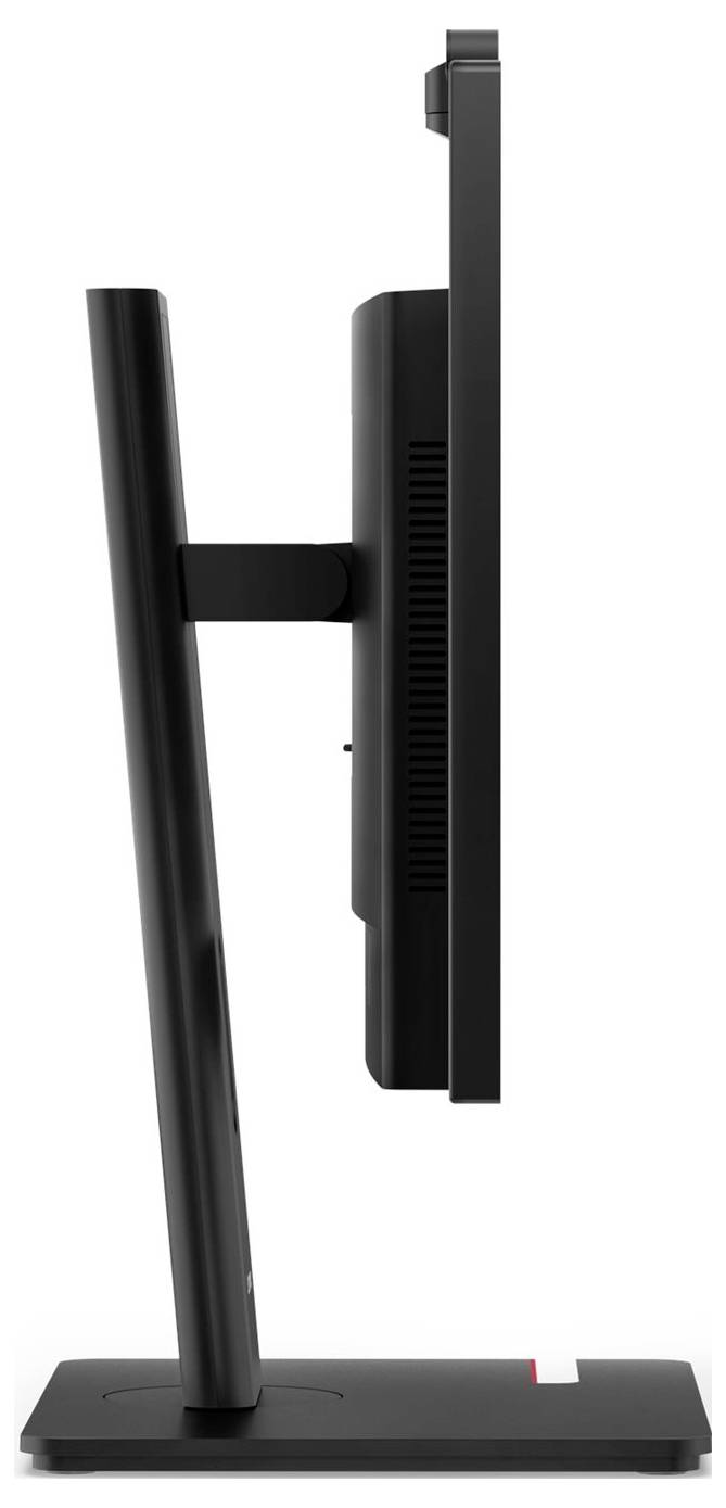 Seitenansicht eines schwarzen Computermonitors auf einem rechteckigen Ständer mit Bildschirmpanel, hinterem Gehäuse und verstellbarem Stützarm.