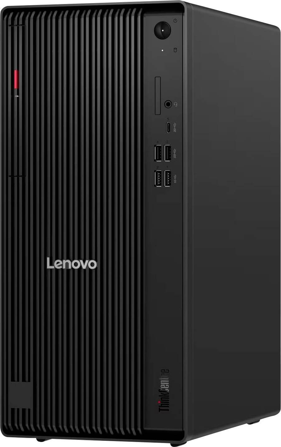 Schwarzer Lenovo Desktop-Tower-PC mit gerippelter Frontblende und nach vorne ausgerichteten Anschlüssen, gezeigt in einer angewinkelten Produktansicht.