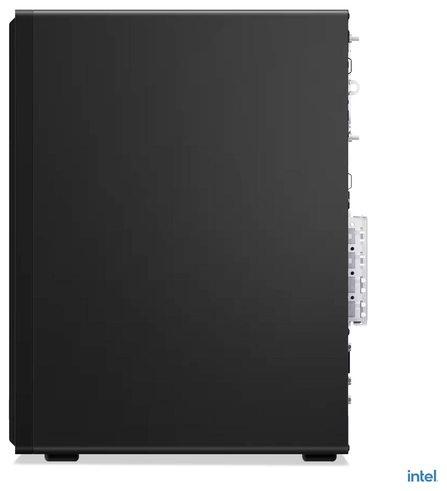 Seitenansicht eines schwarzen Intel-Computer-Servers oder einer Speichereinheit mit sichtbaren Anschlüssen und Verbindungselementen an der rechten Kante.