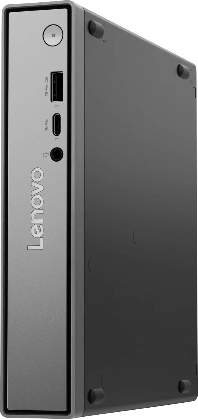 Kompakter Lenovo-Desktop-Turm von hinten/Seite gezeigt, mit Stromschalter, USB-Anschlüssen, Audiobuchse und vertikalem Lenovo-Logo auf der Frontplatte.