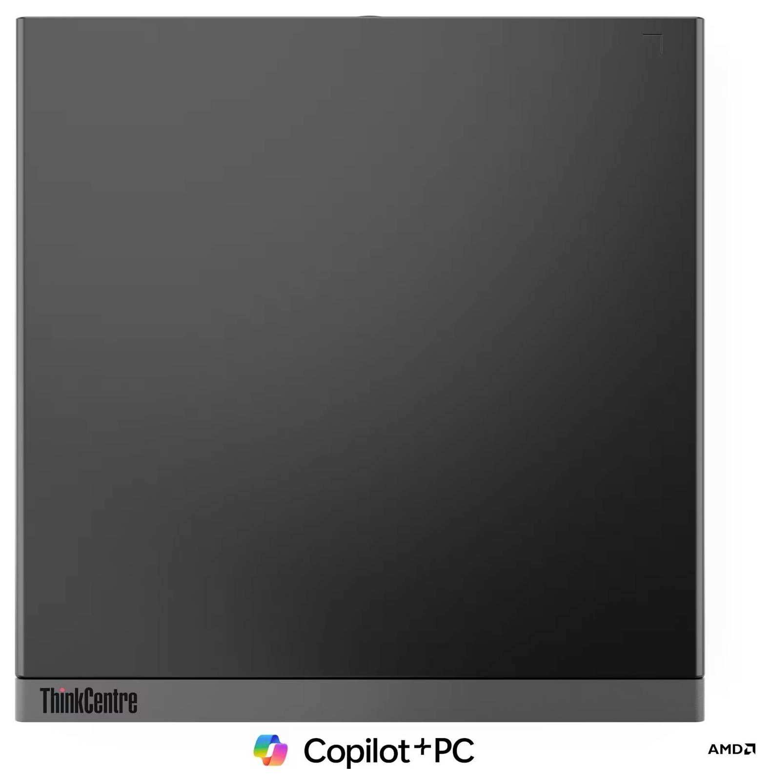 Schwarzer Lenovo ThinkCentre Desktop-Tower, unten dargestellt mit Copilot+ PC und AMD Logos.