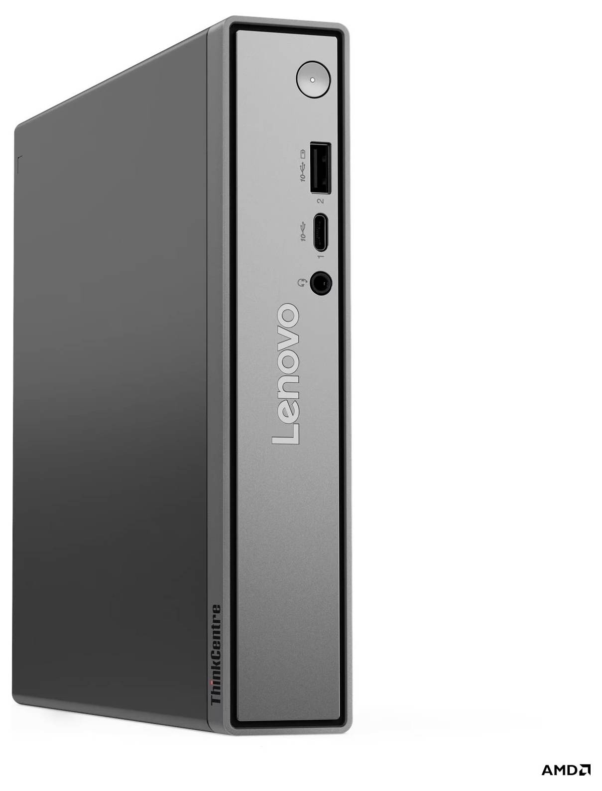 Lenovo ThinkCentre Mini-Desktop-Tower in Schwarz und Silber dargestellt, mit vorderer Ein-/Aus-Taste, USB-Anschlüssen und Audiobuchse; AMD-Logo unten rechts sichtbar.