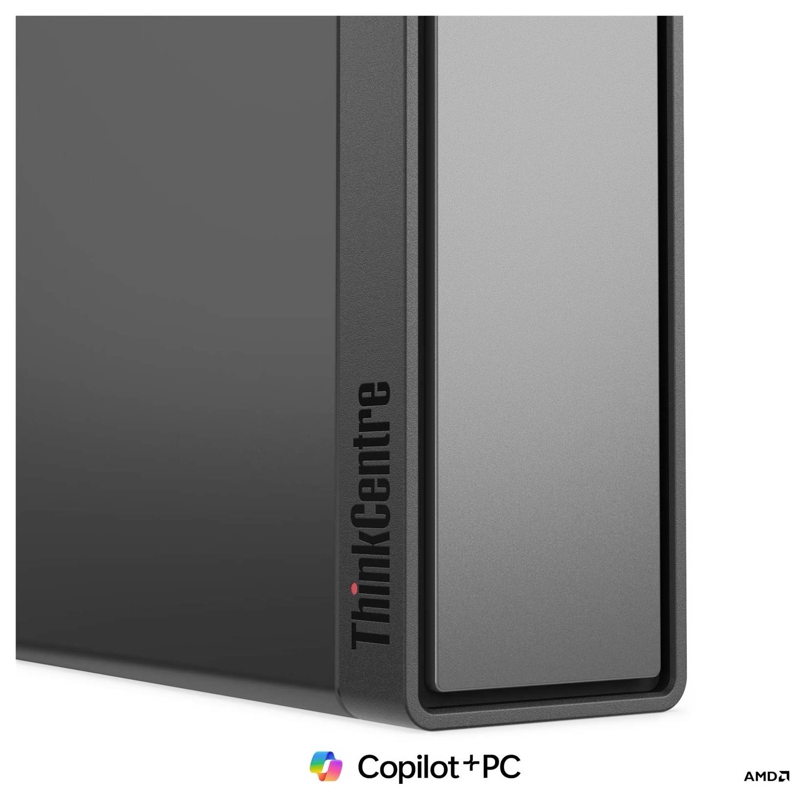Schwarzer Laptop geschlossen in Seitenansicht mit Copilot+ PC und AMD-Logos darunter