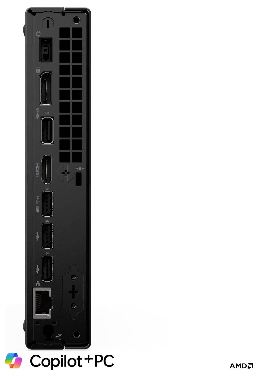 Rückansicht eines Copilot+ PC Mini-Desktops mit Belüftung, mehreren Display- und USB-Anschlüssen, Ethernet und AMD-Branding.