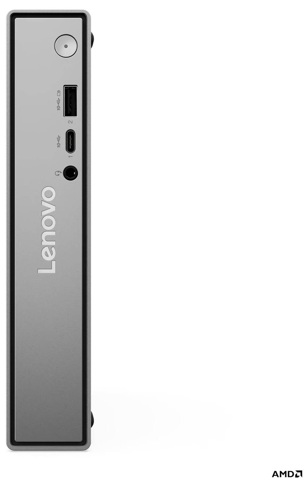 Schlanker Lenovo-Mini-Desktop-Tower in Seitenansicht mit vorderen Anschlüssen und Stromschalter auf weißem Hintergrund mit kleinem AMD-Logo.