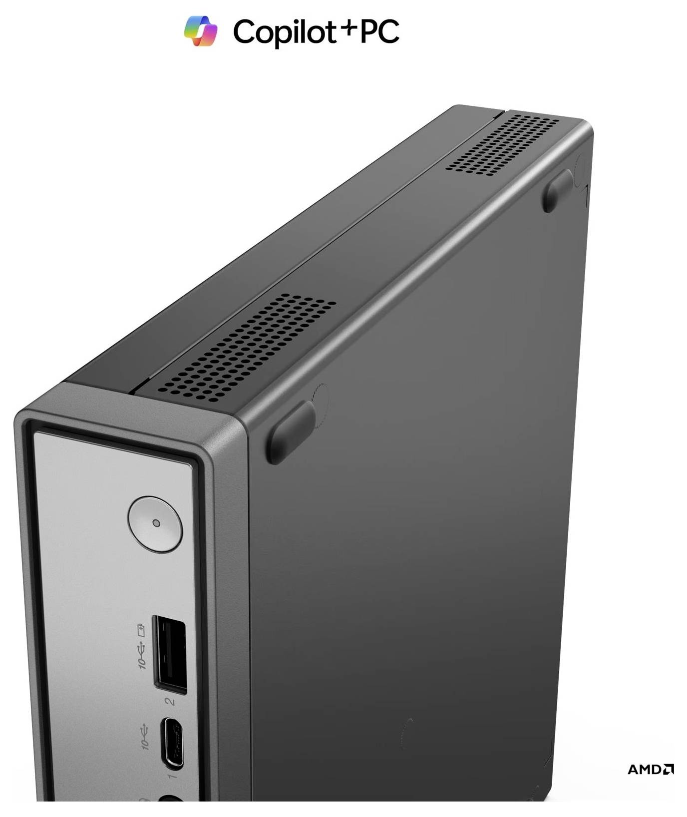 Schlanker schwarzer Copilot+ PC Mini-Desktop-Tower mit vorderer Stromschaltfläche, USB-A- und USB-C-Anschlüssen und AMD-Logo.