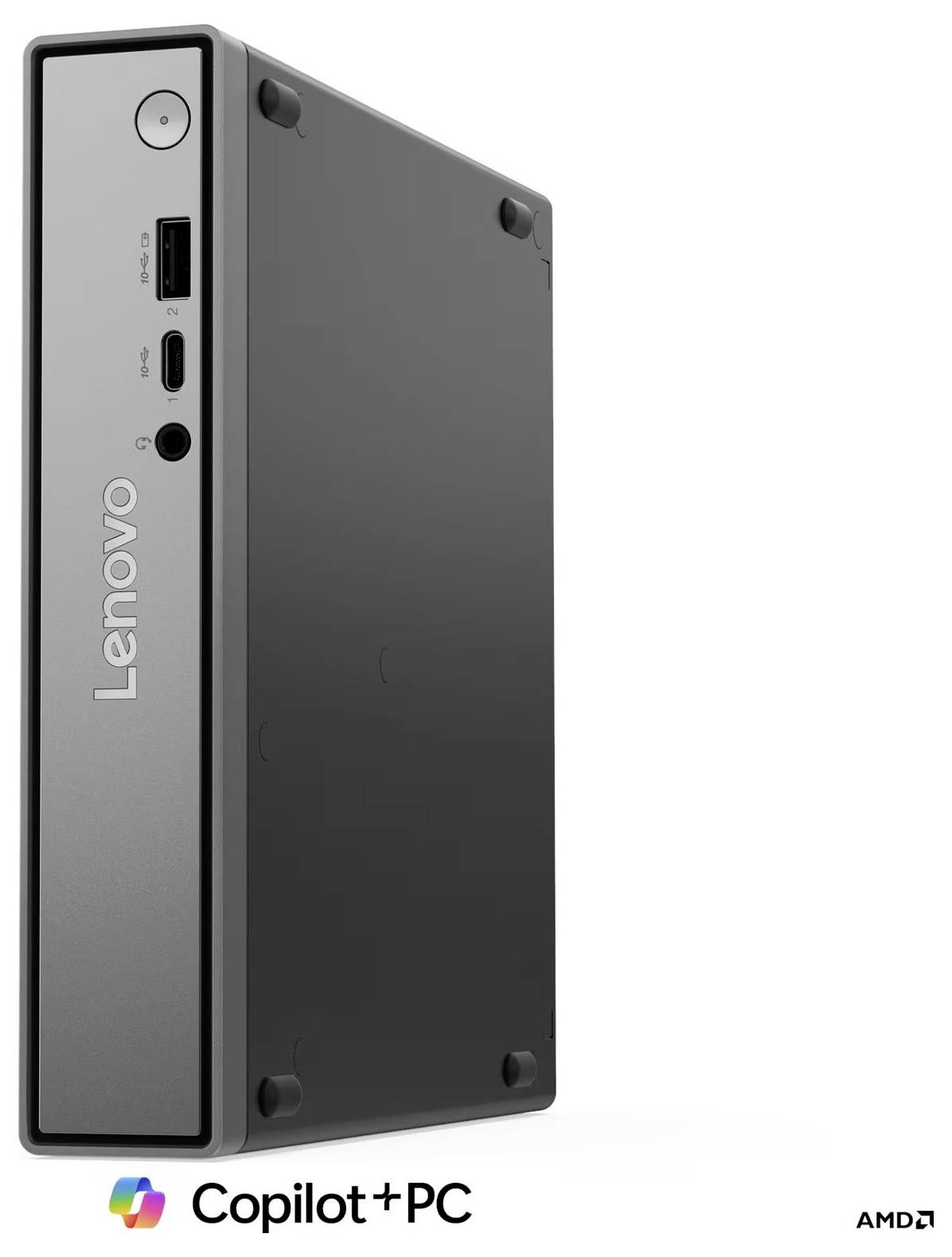Lenovo Copilot+ PC Mini-Desktop, aufrecht dargestellt mit vorderen USB- und Audioanschlüssen, Lenovo-Branding und AMD-Logo.