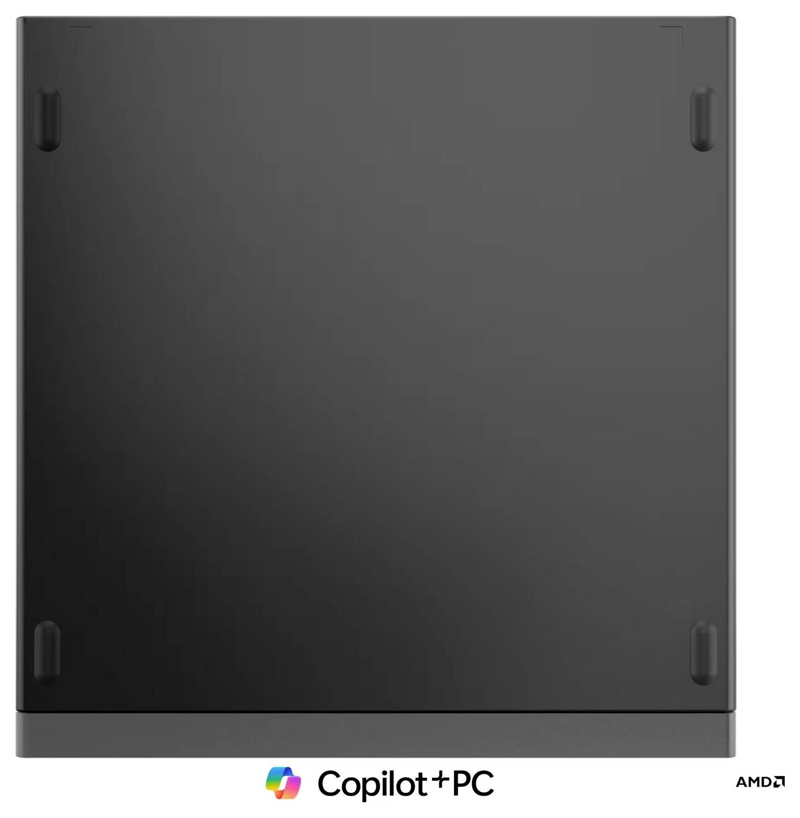 Rückansicht eines schwarzen Copilot+ PC-Laptops, auf dem das geschlossene untere Panel mit Eckfüßen und einem AMD-Logo zu sehen ist.