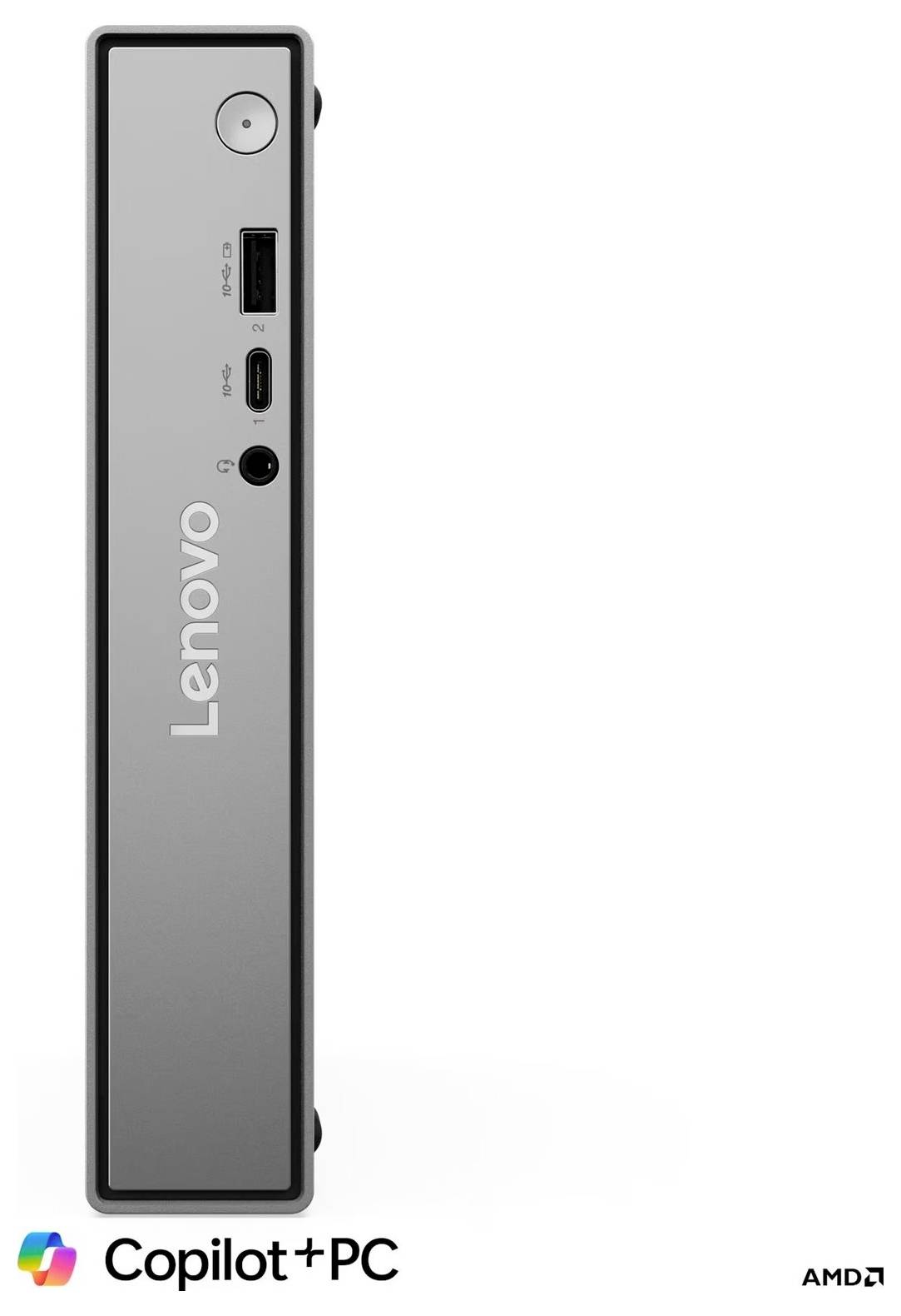 Lenovo Copilot+ PC Mini-Desktop von vorne gezeigt, mit sichtbaren Anschlüssen für Netzschalter, USB-A, USB-C und Audiobuchse; AMD-Logo darunter.