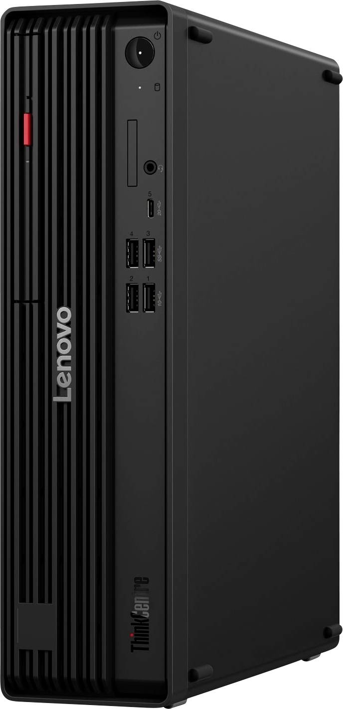 Seitenansicht eines schwarzen Lenovo-Desktop-Tower-PCs mit vertikalen Frontlüftungsschlitzen und USB-Anschlüssen auf der Frontblende.