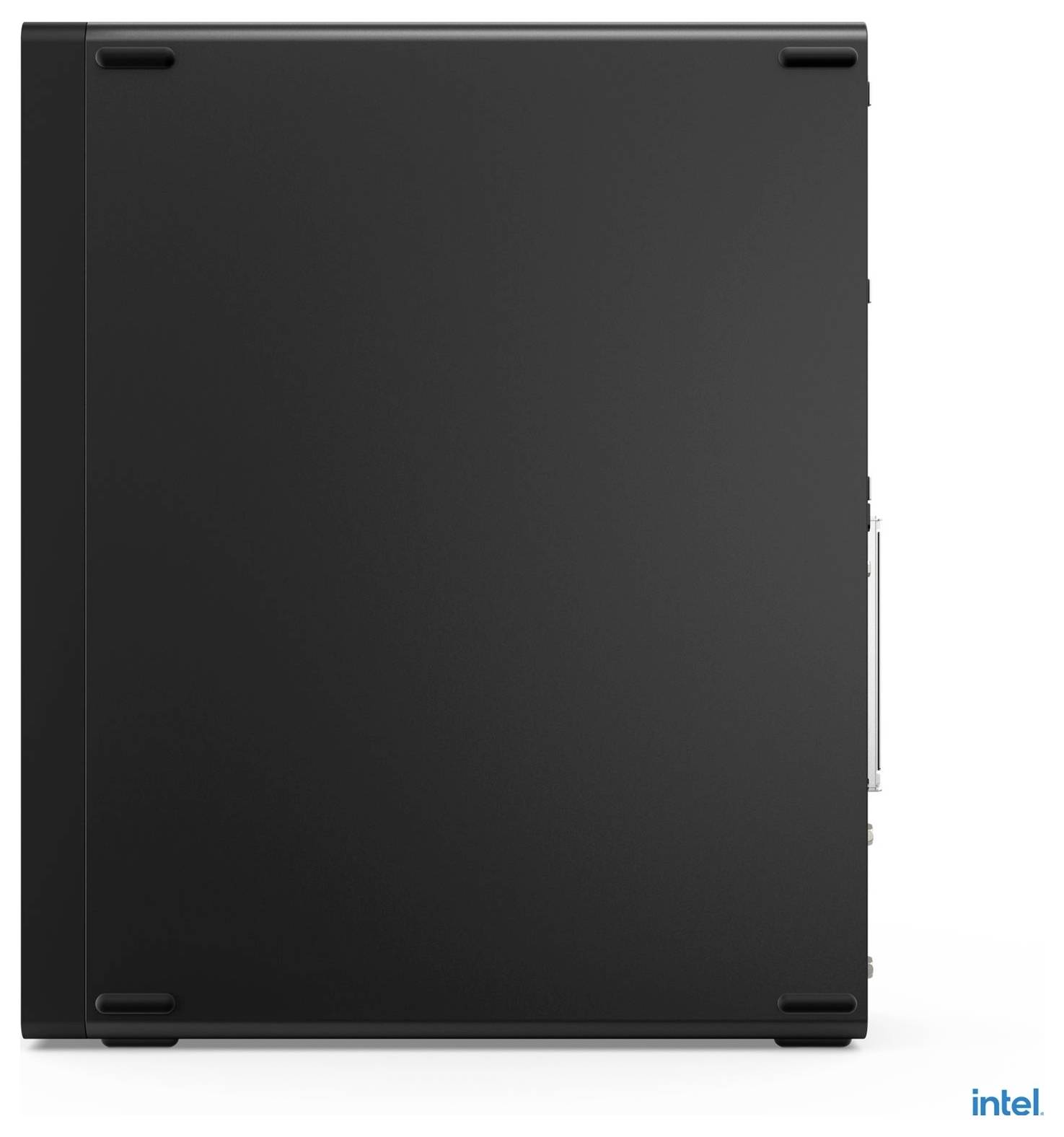 Ein schwarzes Intel-Gehäuse oder Mini-Tower mit Intel-Branding, von vorne fotografiert vor weißem Hintergrund.