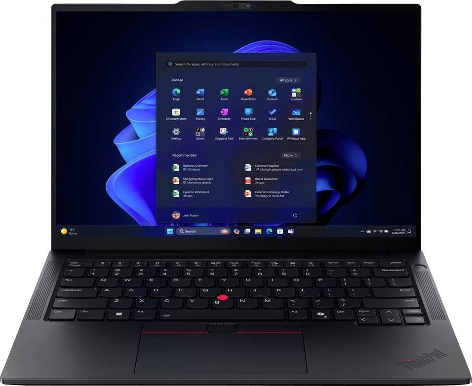 Ein schwarzer Lenovo ThinkPad Laptop mit dem Windows 11 Startmenü auf dem Bildschirm, mit sichtbarer Tastatur und Trackpad.