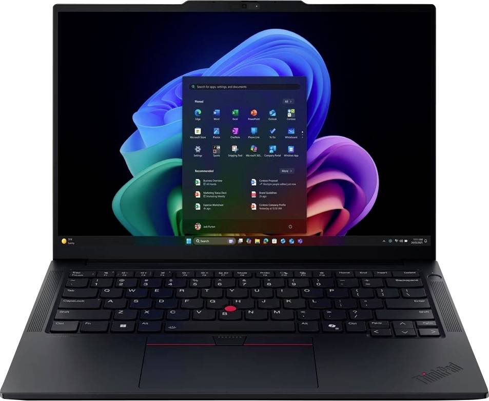 Ein Lenovo ThinkPad Laptop, auf dem der Windows 11 Desktop und das Startmenü angezeigt werden.