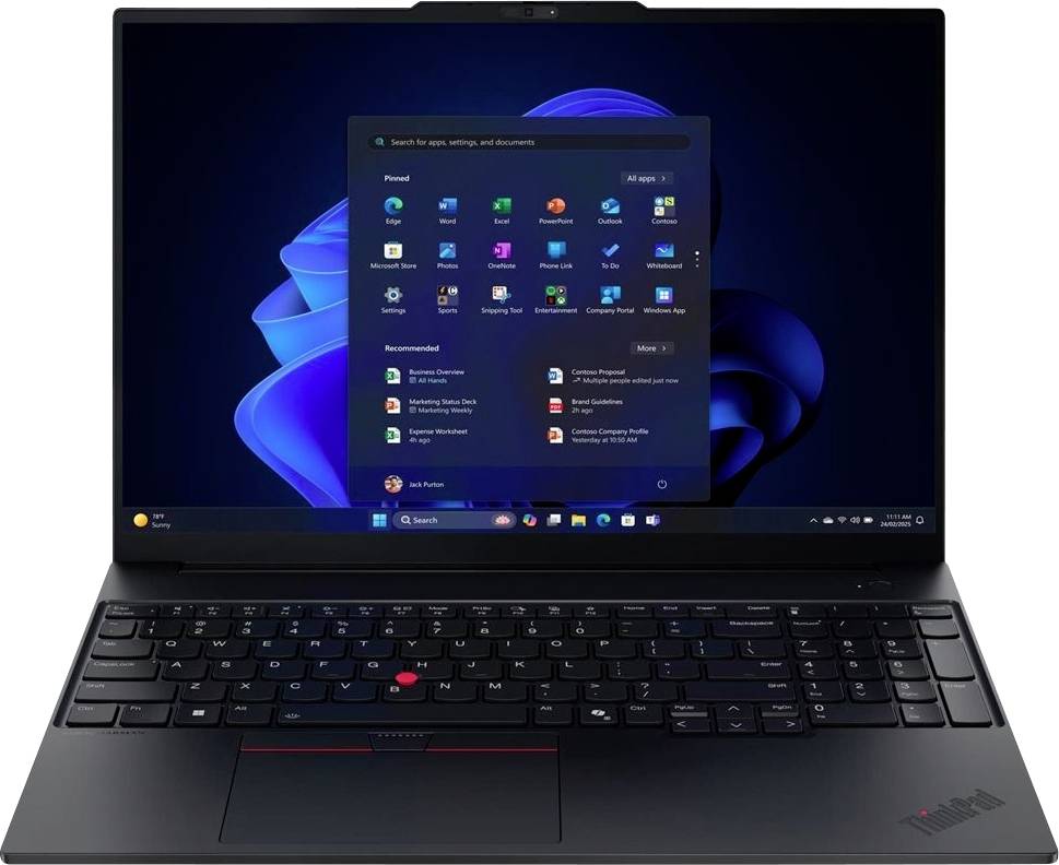 Schwarzer Lenovo ThinkPad-Laptop, auf dem das Windows 11-Startmenü auf dem Bildschirm angezeigt wird.
