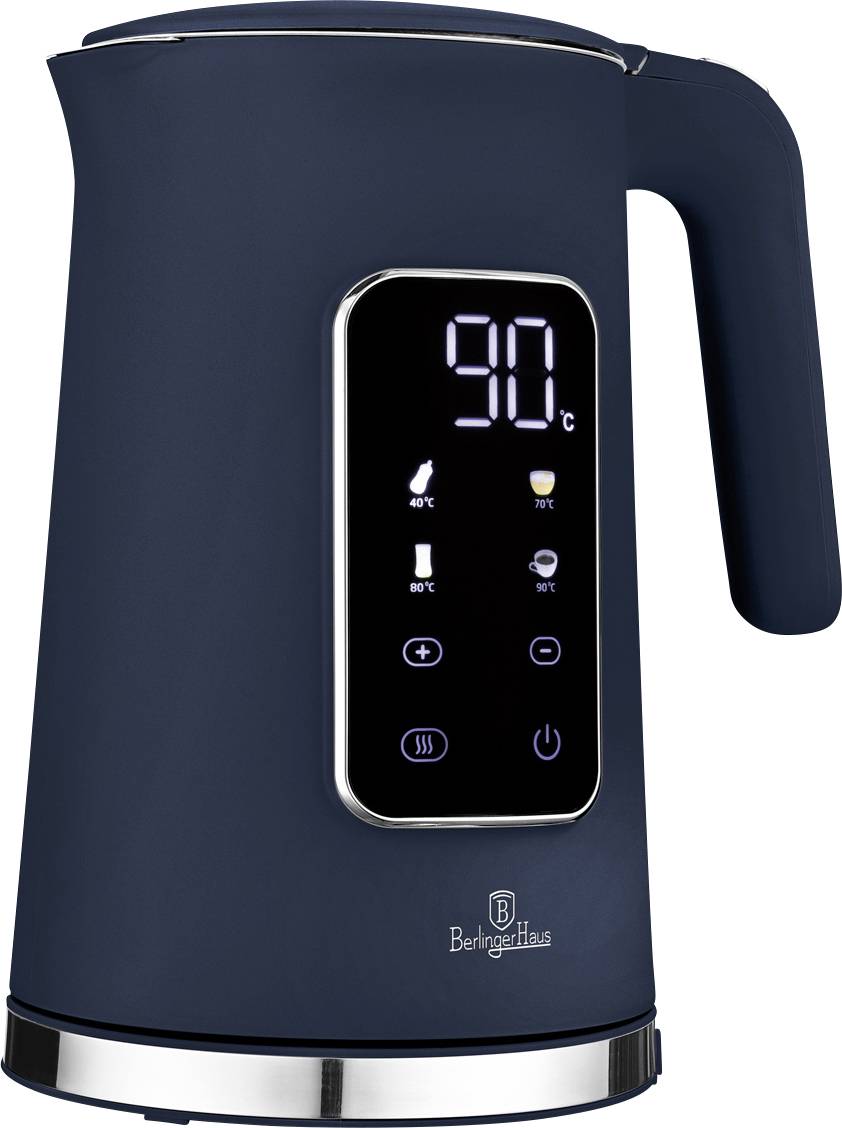 Dunkelblauer elektrischer Wasserkocher mit digitaler Touch-Anzeige, die 90°C anzeigt, und Temperaturvoreinstellungssymbolen, seitlichem Griff und Edelstahlblende am Sockel.