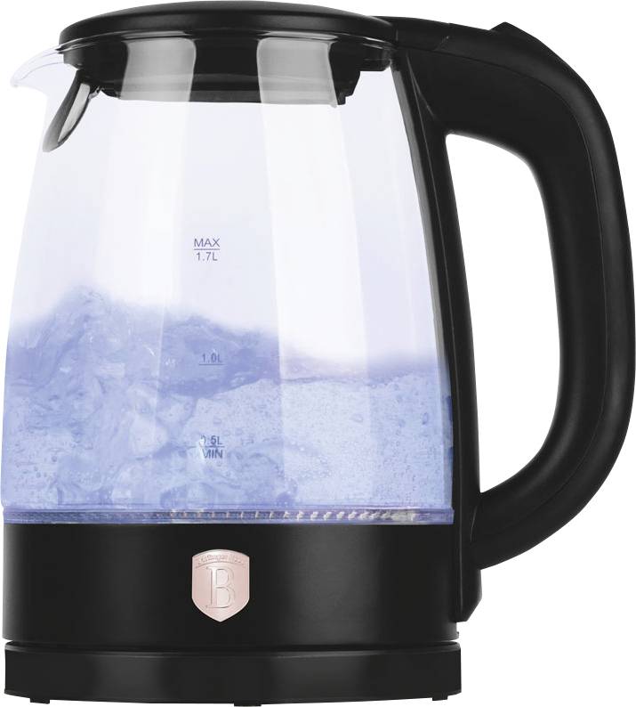 Schwarzer elektrischer Glaskochkessel mit kochendem Wasser im Inneren, mit transparentem Gehäuse, Wasserstands-Markierungen und großem schwarzem Griff.