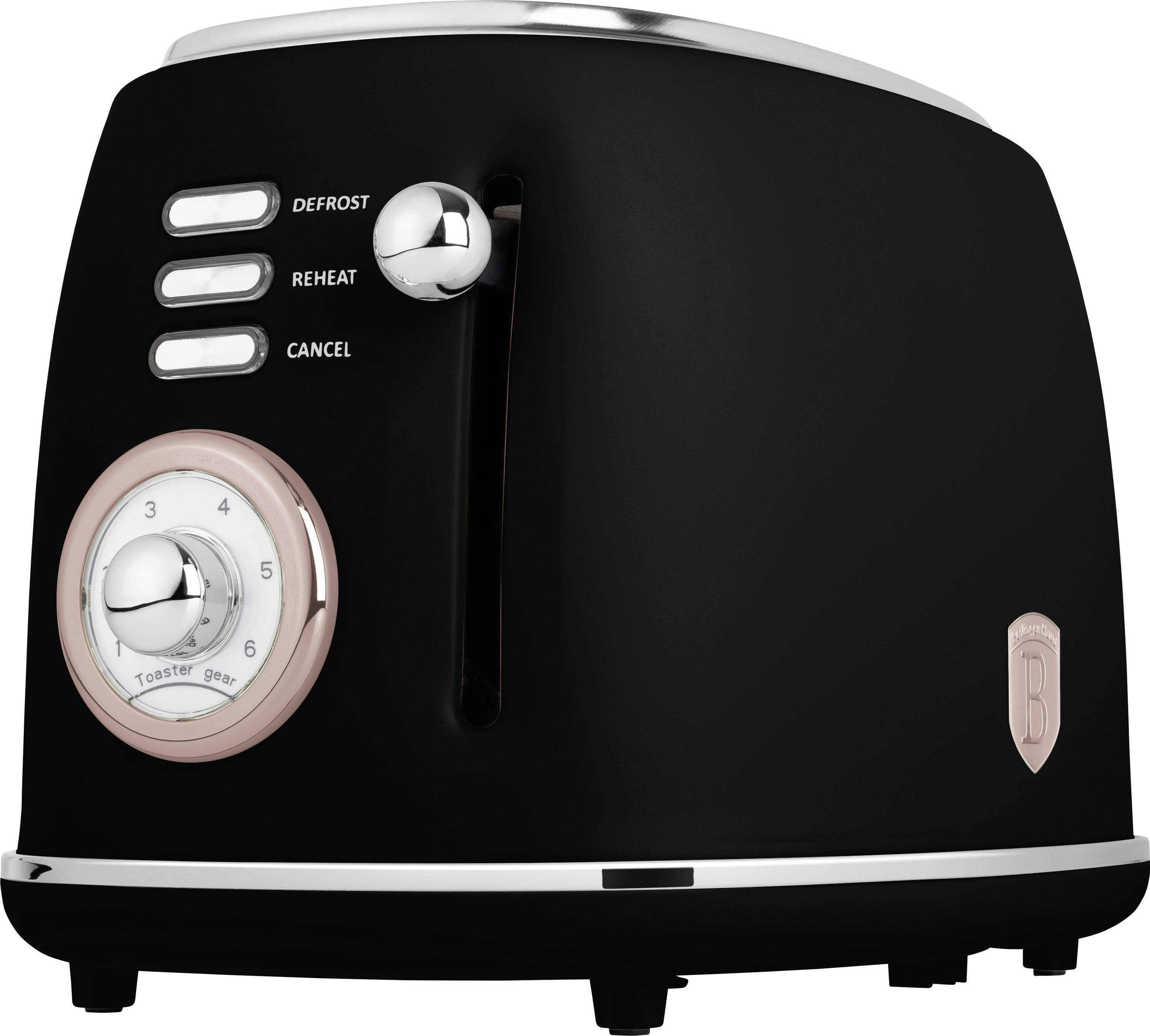 Schwarzer Zwei-Scheiben-Toaster mit Chromelementen, einem Hebel, drei Tasten mit den Bezeichnungen „DEFROST