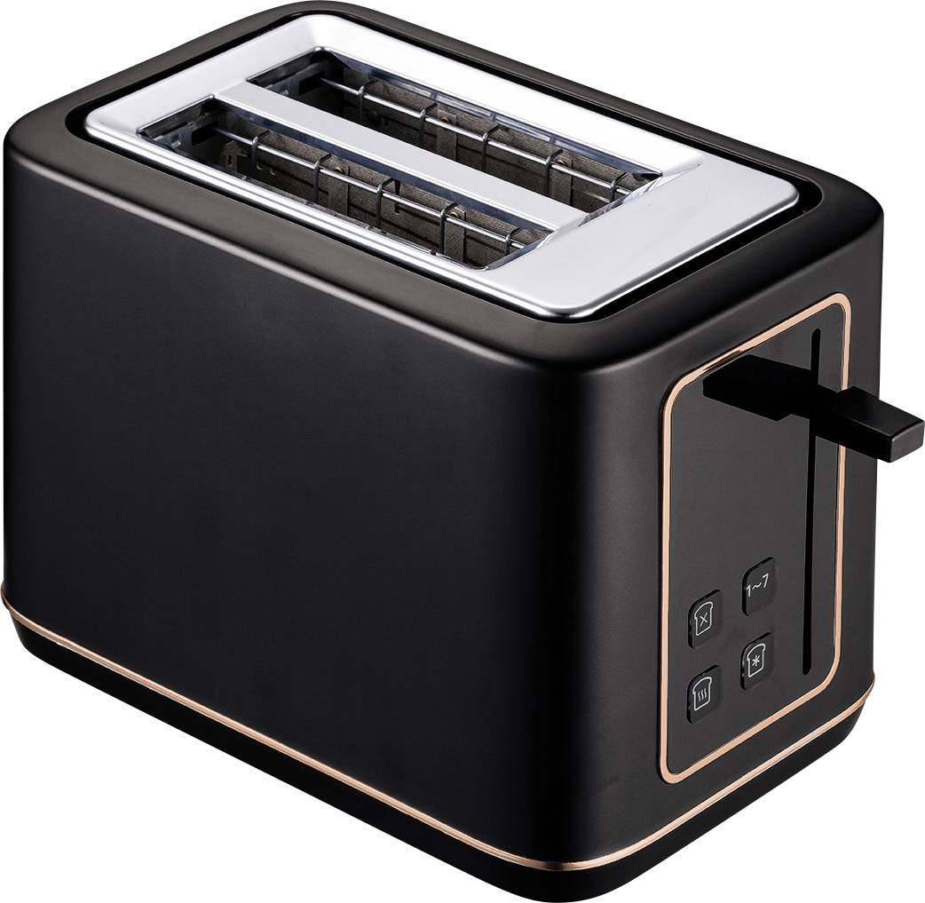 Schwarzer Zwei-Scheiben-Toaster mit Chromoberteil und Seitenschaltern, gezeigt mit einer eingelegten Brotscheibe auf weißem Hintergrund.