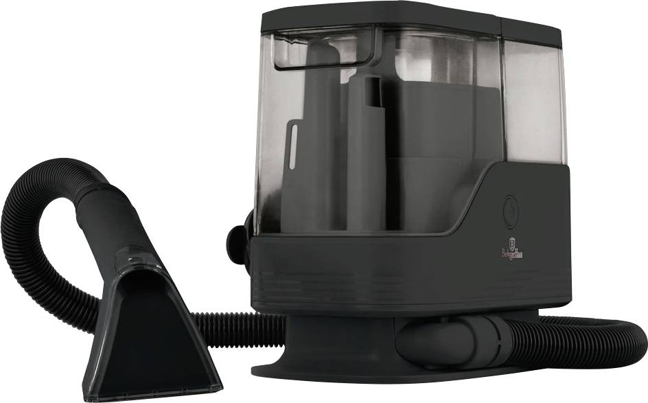 Schwarze tragbare Nebelmaschine mit angebundenem Schlauch und Düse auf weißem Hintergrund.