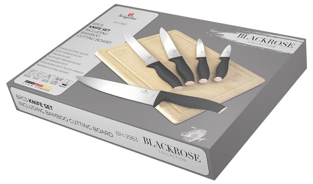 Boxed Blackrose Collection 5-teiliges Messerset mit Bambus-Schneidebrett, gezeigt mit Chef-, Brot-, Universalund Gemüsemessern auf der Verpackung.
