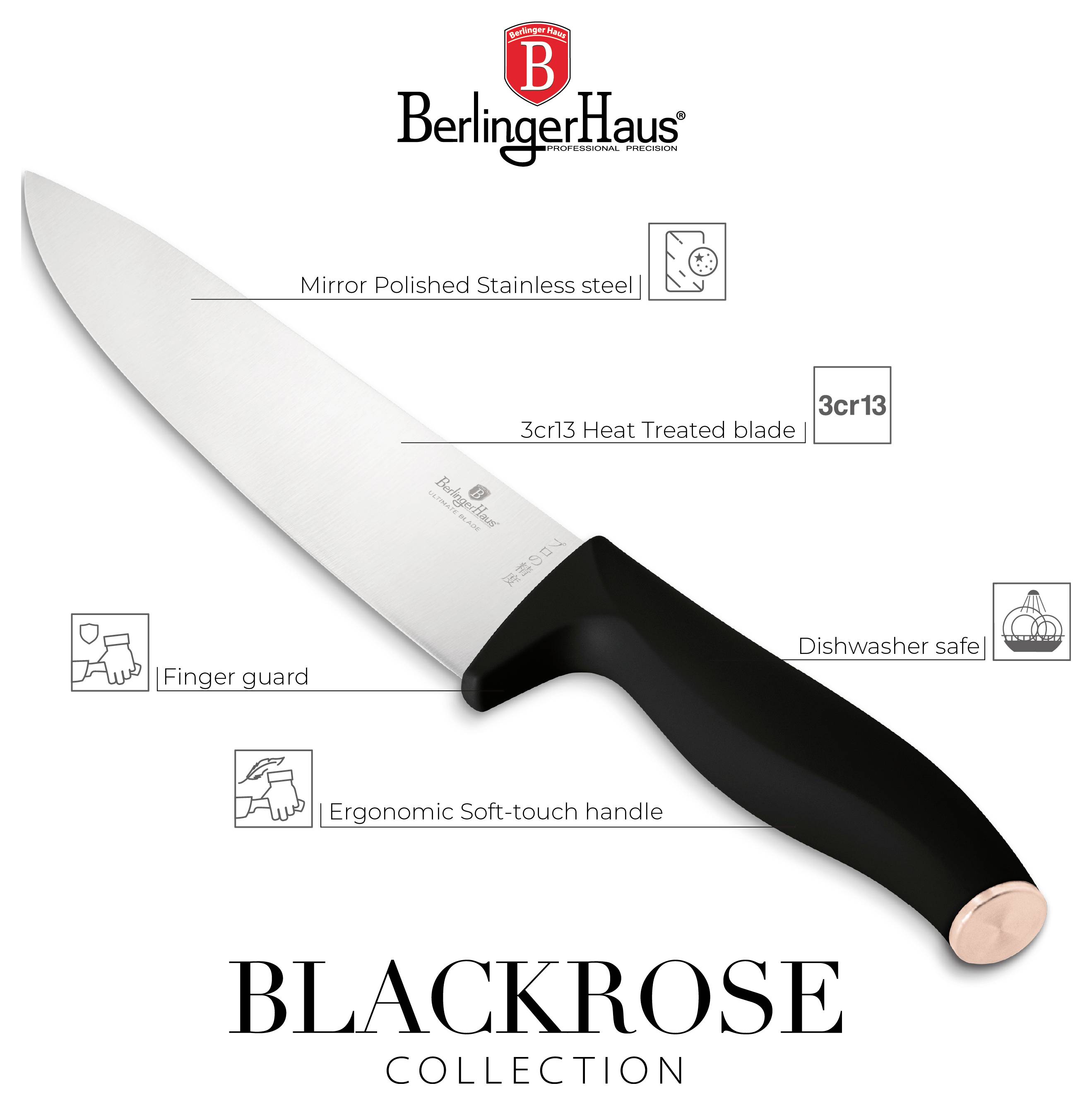 Berlinger Haus Blackrose Kollektion Messer mit spiegelpolierter Edelstahlklinge aus 3cr13 wärmebehandelt, Fingerschutz, ergonomischem Soft-Touch-Griff, spülmaschinenfest.