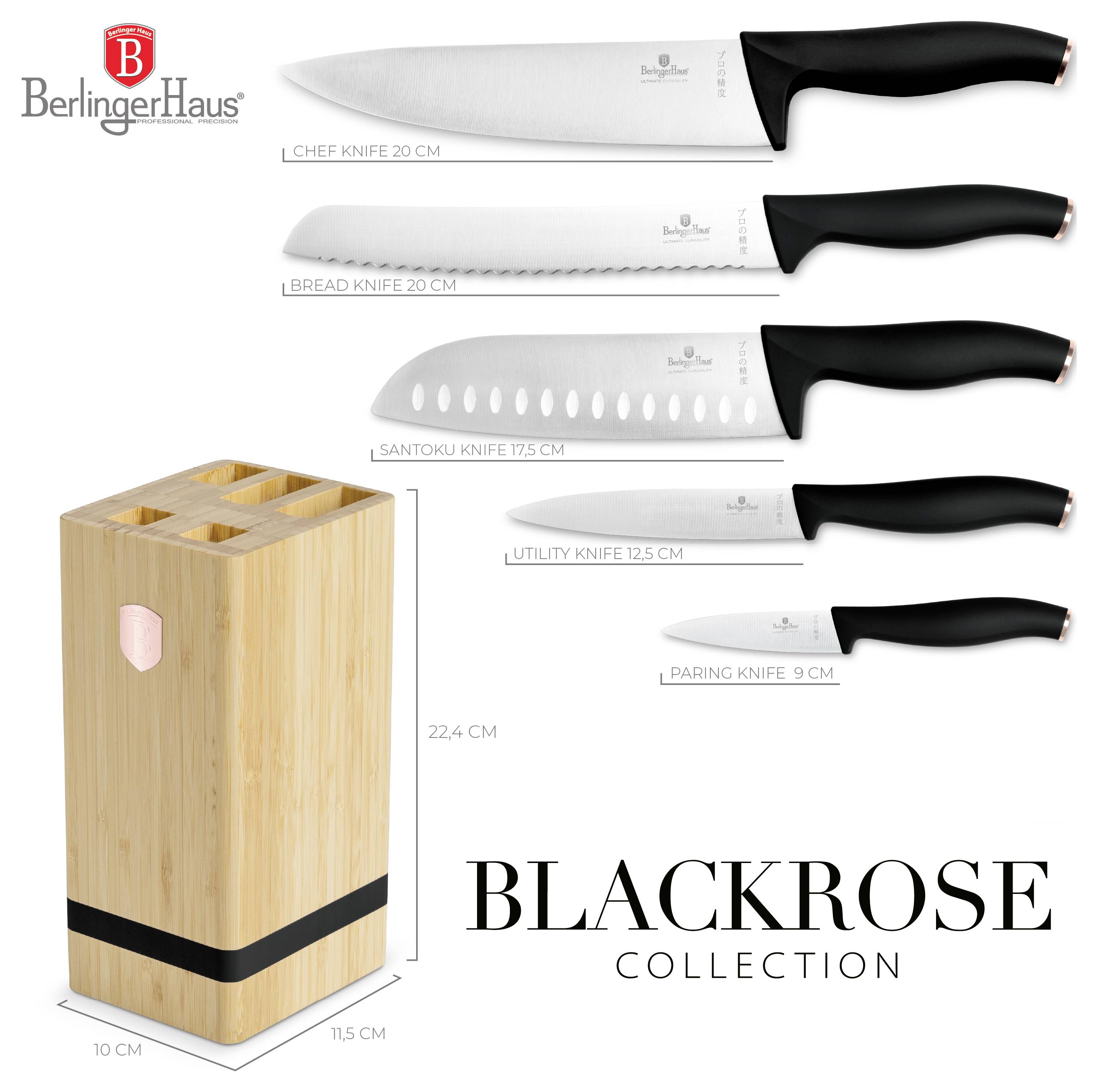 Messersatz Black Rose Collection von Berlinger Haus mit fünf Messern und einem Bambusblock; Messer beschriftet mit Kochmesser, Brotmesser, Santoku, Universalmesser und Schälmesser.