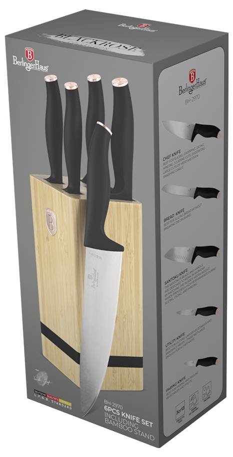 Bergner 6-teiliges Messerset mit schwarzen Messern in einem Bambus-Block-Ständer.