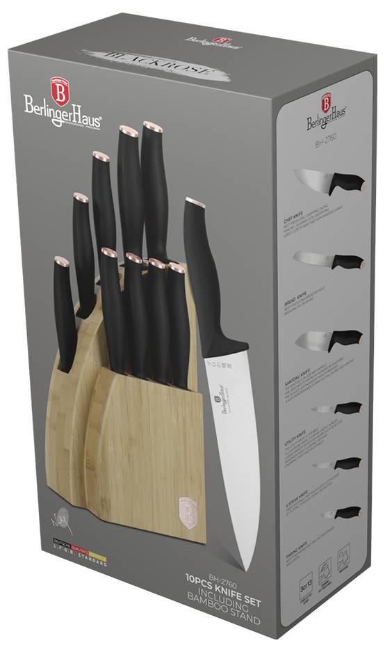 Verpackte Berlinger Haus 10-teiliges Messerset mit Bambusständer, das schwarzgriffige Messer und ein Kochmesser auf der Verpackung zeigt.