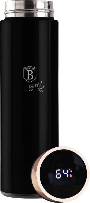 Schwarze isolierte Flasche mit Edelstahloberseite und rundem digitalen Display, das 64°C anzeigt.