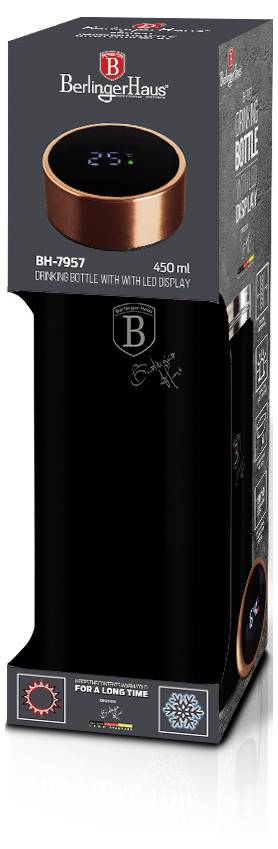Berlinger Haus BH-7957 schwarze 450-ml-Isolierflasche mit LED-Temperaturanzeige, dargestellt in Einzelhandelverpackung.